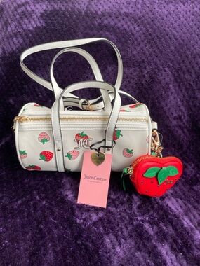 Juicy Couture White Strawberry Print Barrel Bag & Red Strawberry Coin Pouch NWT
